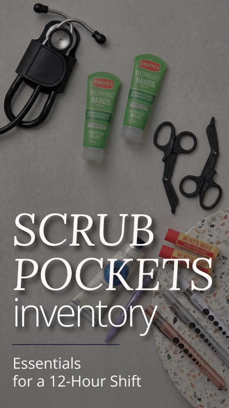 Nurse scrub pocket essentials laid out, including light pen, trauma shears, and hand cream.